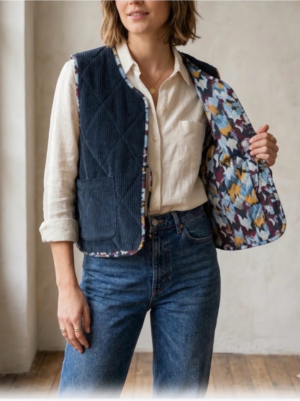 Intuition Paris Reversible Quilted Corduroy Star Vest One Size Made In Italy0463